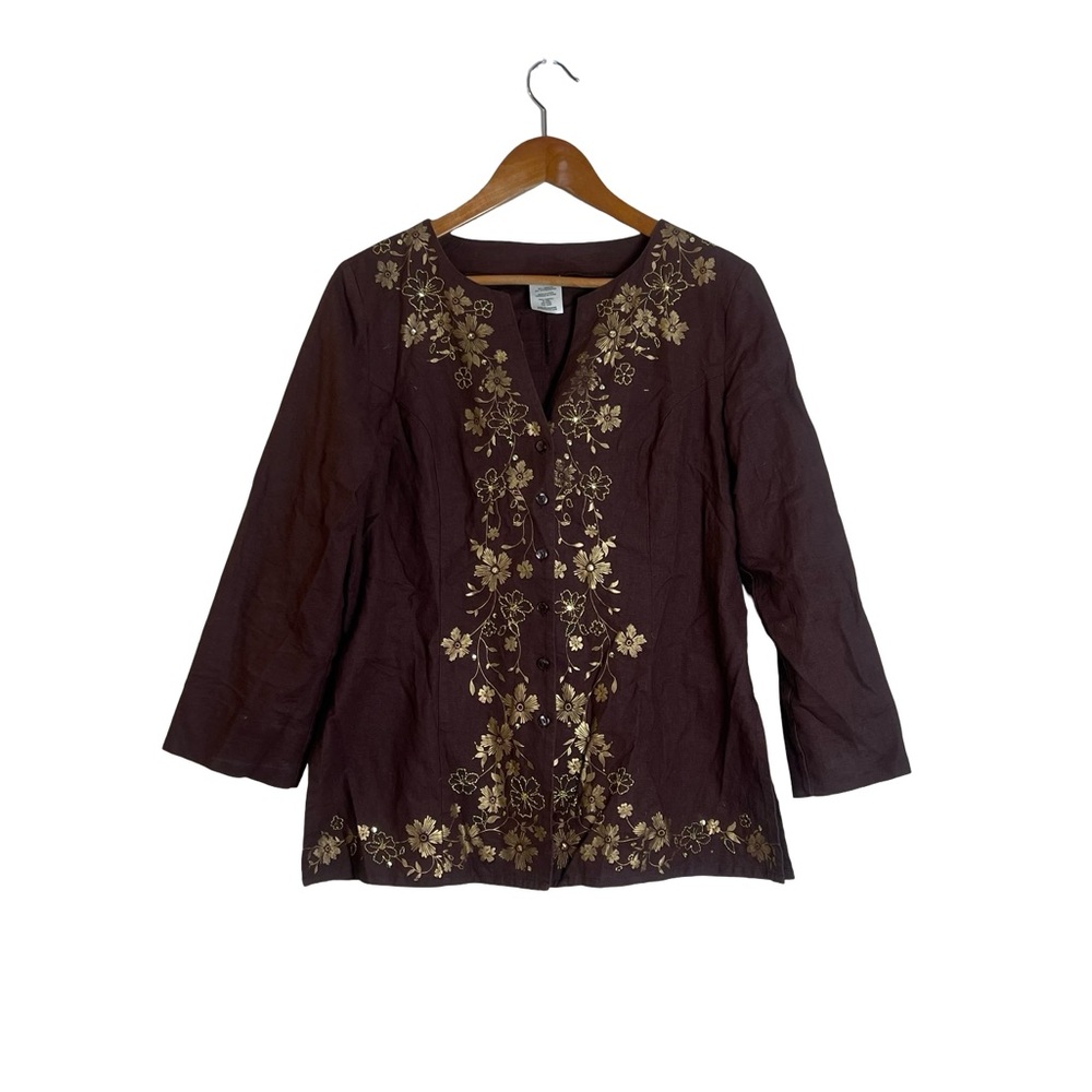 Unbranded brown cotton & linen floral button down shirt